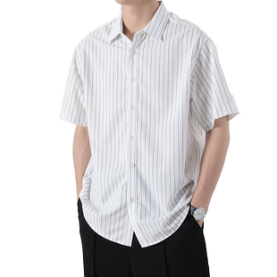 条纹衬衫短袖男夏季冰丝速干宽松休闲胖子加肥加大大码男装外套