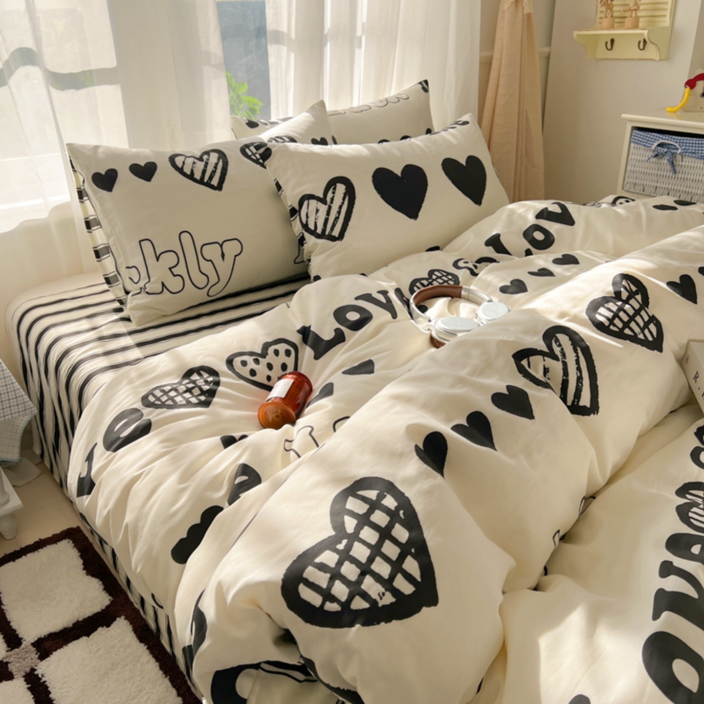 心恋の全棉四件套纯棉黑白被套床单三件套奶茶系亲肤裸睡床上用品