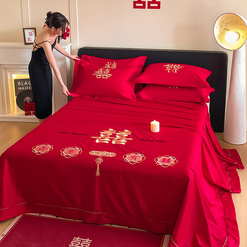 婚庆纯棉贡缎长绒棉床单三件套结婚红色全棉被单单件陪嫁龙凤刺绣