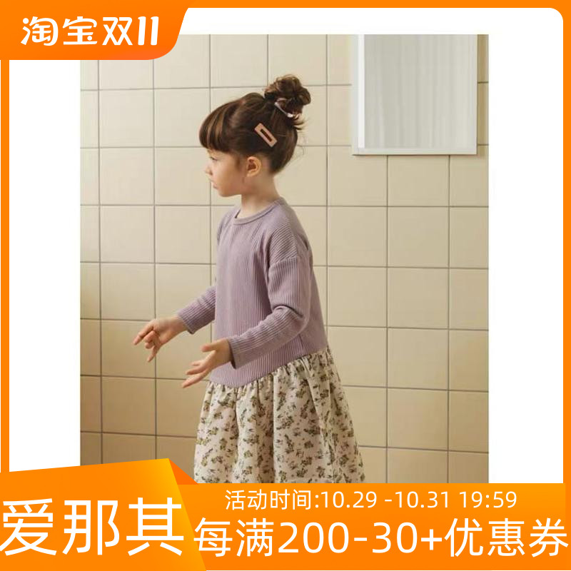 6121日单女童长袖连衣裙春秋拼接碎花柔软裙子