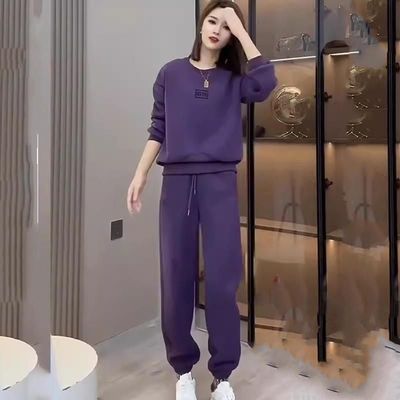 紫色卫衣运动套装女士时尚新款2025加绒圆领长袖上衣休闲两件套装