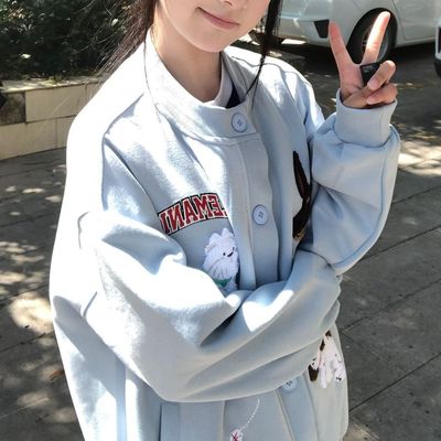 美式复古小狗毛巾刺绣开衫外套女士ins秋冬新款百搭情侣宽松卫衣