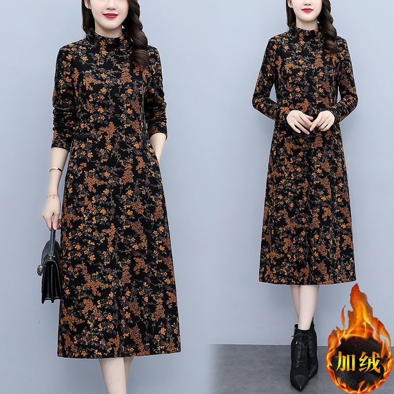 加绒加厚妈妈装中长款过膝显瘦女士打底裙子秋冬季长袖连衣裙子潮