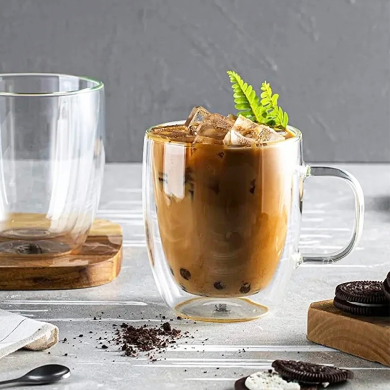 北欧双层带把玻璃咖啡杯 耐热拿铁水杯奶茶早餐牛奶马克杯子