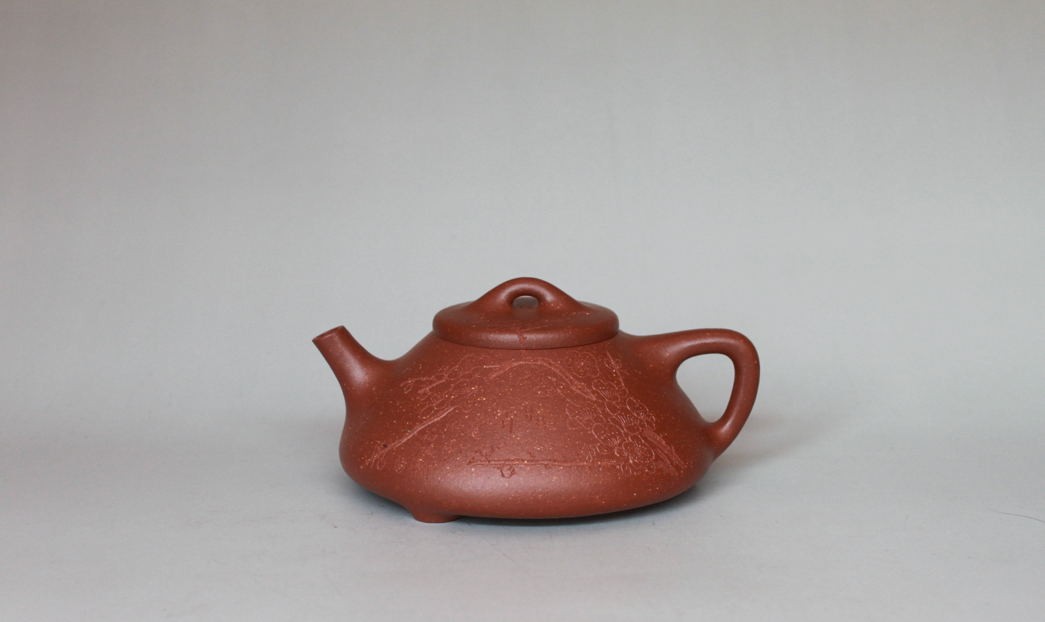 精品宜兴半手工茶壶三木紫砂矮石瓢原矿红降坡泥刻绘梅花款275cc