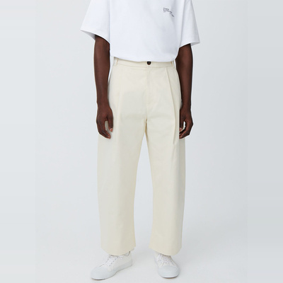 斜纹棉打褶立挺阔型长裤奶油白