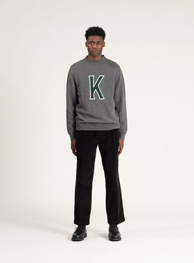 美国Knickerbocker义大利羊毛K字套头圆领保暖清新针织衫毛衣炭灰