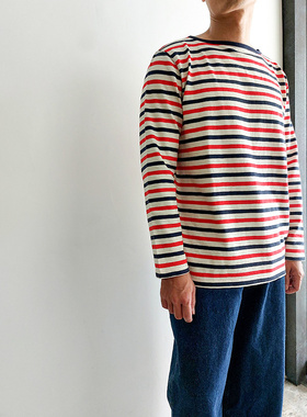 日本Tieasy HDCS船型领基本款三色条纹合身复古厚实针织衫T恤