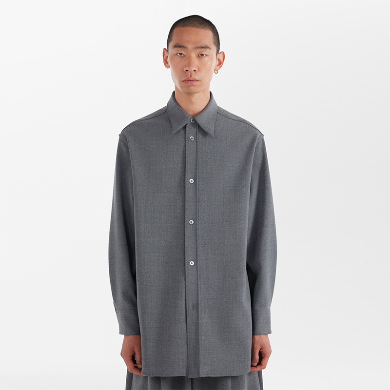 呢线珍珠母贝扣奢华长袖衬衫灰色