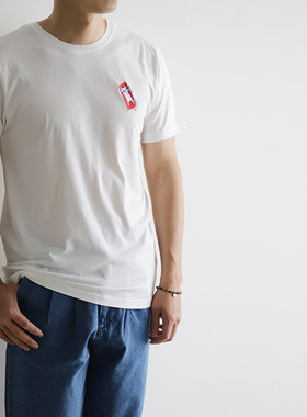 法国OLOW 透气电绣浮板上的猫LOGO休闲纯色圆领短袖T恤白色