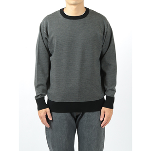 日本Batoner极细羊毛针织圆领卫衣针织衫黑灰条纹