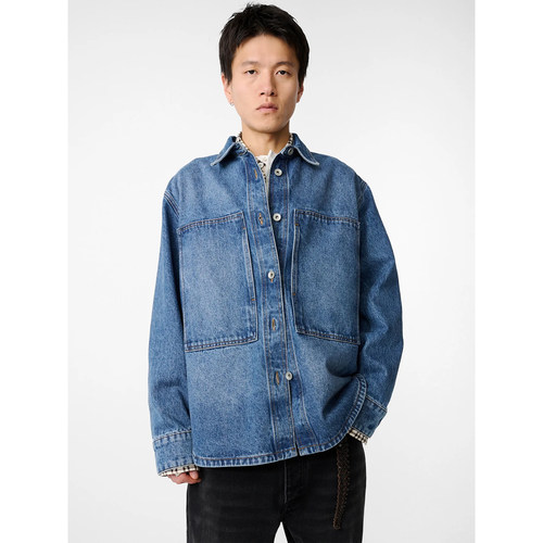 英国箱型口袋水洗牛仔衬衫宽松