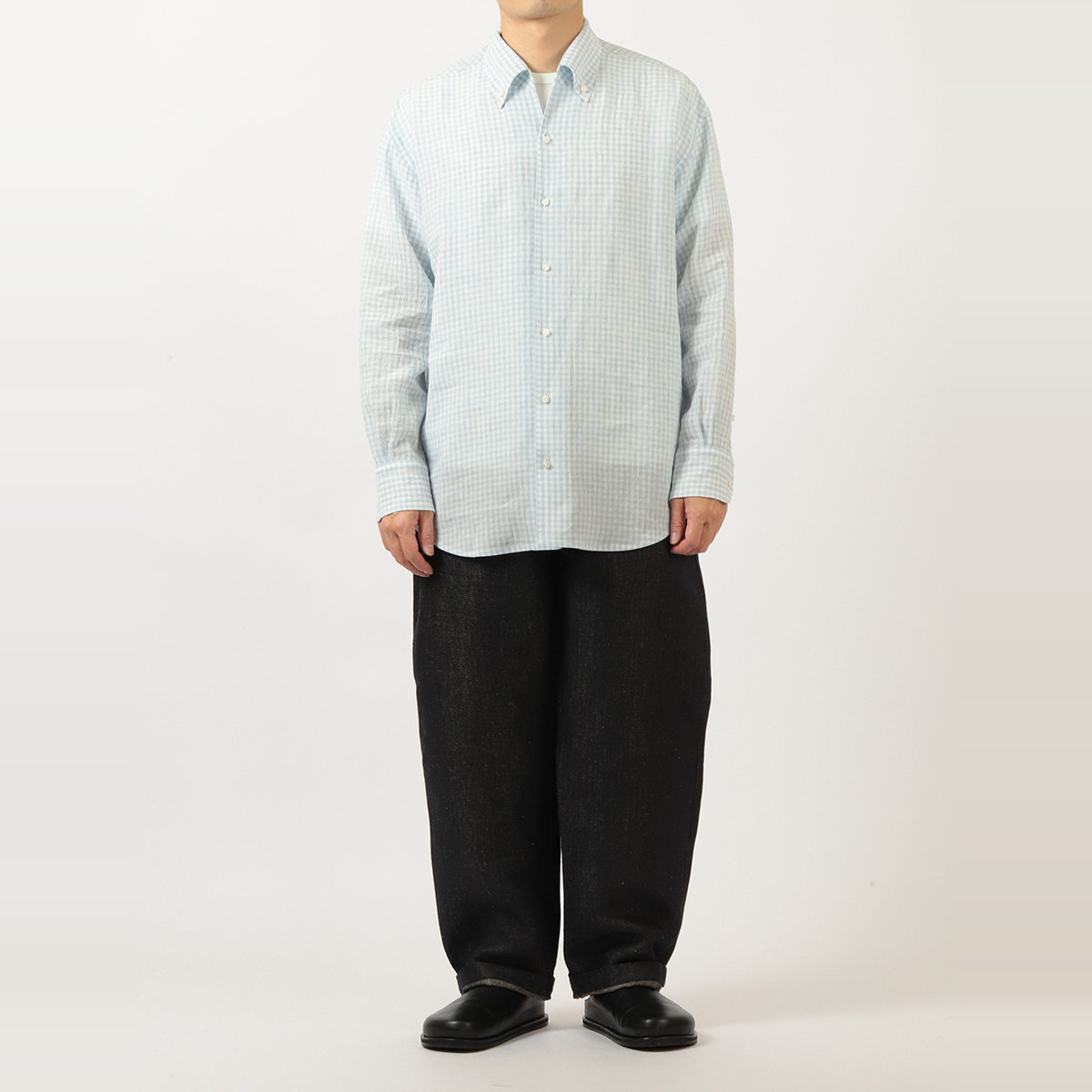 宽松立体格纹中长版衬衫蓝白格