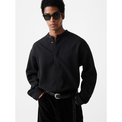 毛侧开衩轻松无领衬衫深灰黑