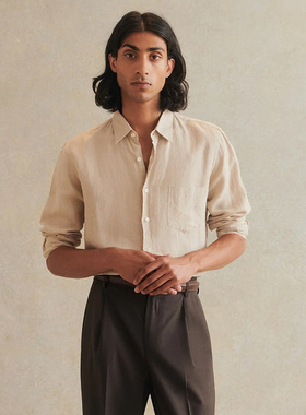 法国De Bonne Facture比利时轻薄亚麻柔软窄版领长袖衬衫亚麻色