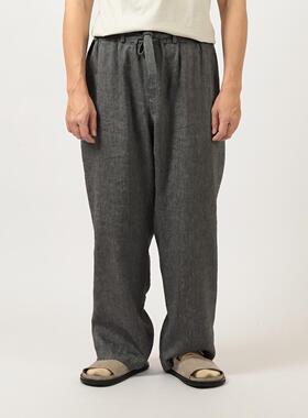 日本Cale亚麻羊毛凉爽轻量抽绳手工染色微宽松直筒休闲长裤黑色