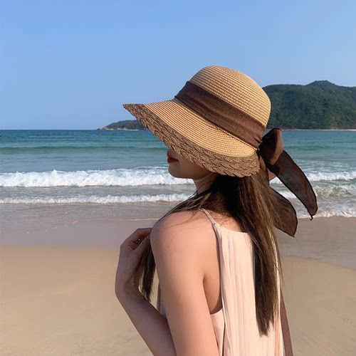 适合海边拍照的帽子草帽女防晒遮阳草编帽沙滩度假大檐镂空太阳帽