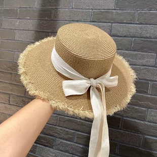 日系百搭毛邊草帽女夏天平頂度假出游草編太陽帽蝴蝶結遮陽沙灘帽