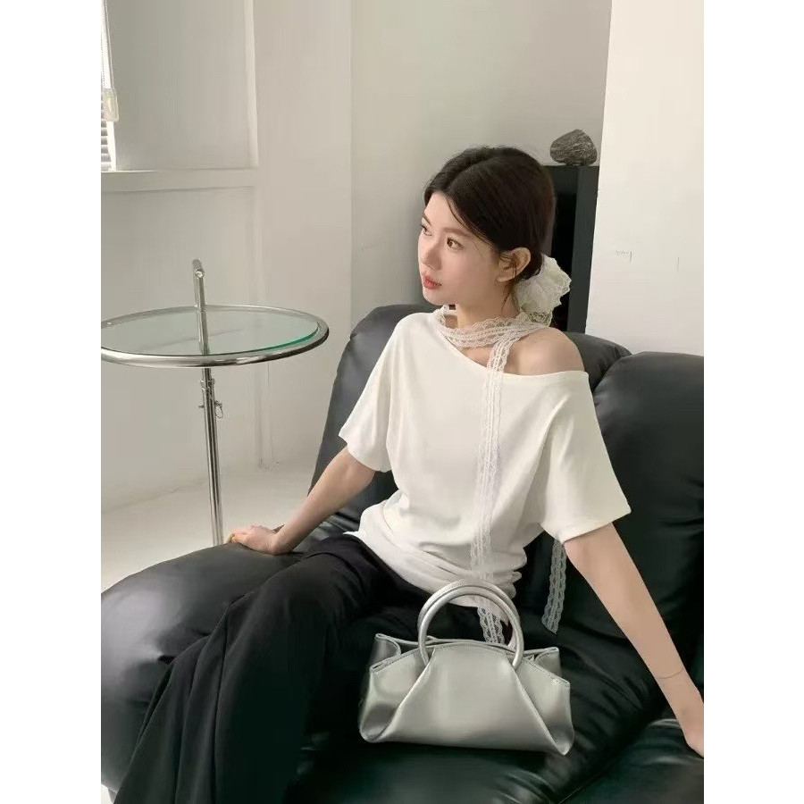 美式高街一字肩斜肩短袖T恤女2025夏季宽松显瘦挂脖飘带露肩上衣