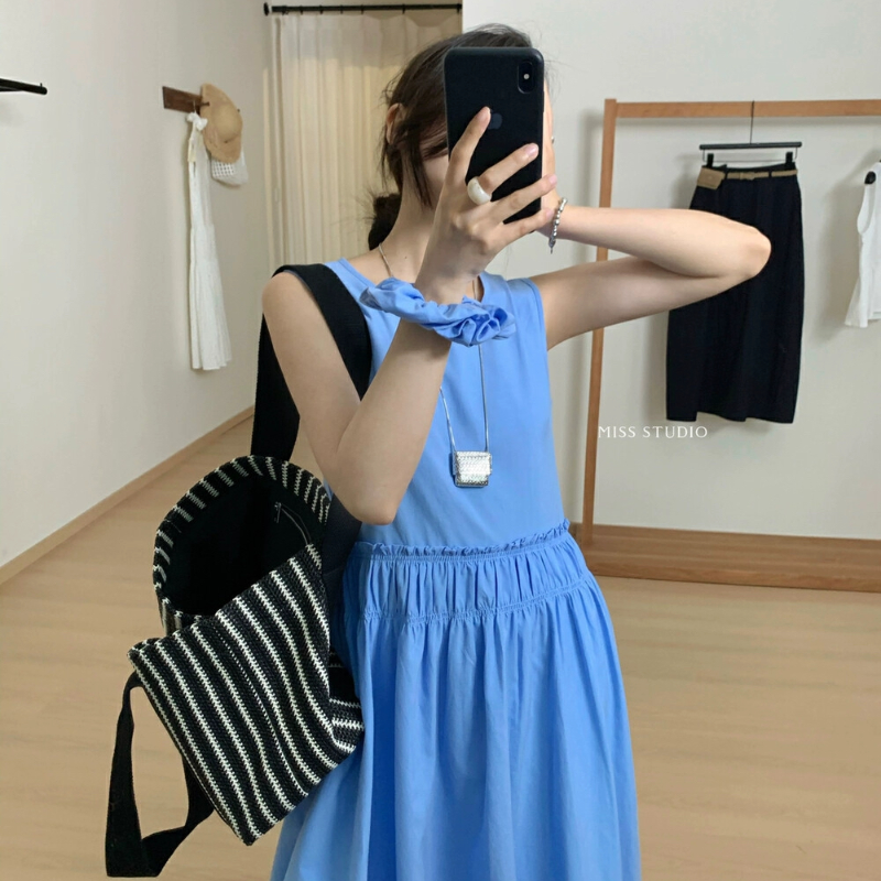 韩系圆领背心裙女花苞裙2025夏季新款气质小众无袖长裙蓬蓬裙