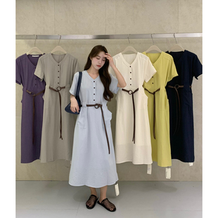 Thirteen 韩系气质优雅设计感简约收腰编织腰带自留款连衣裙