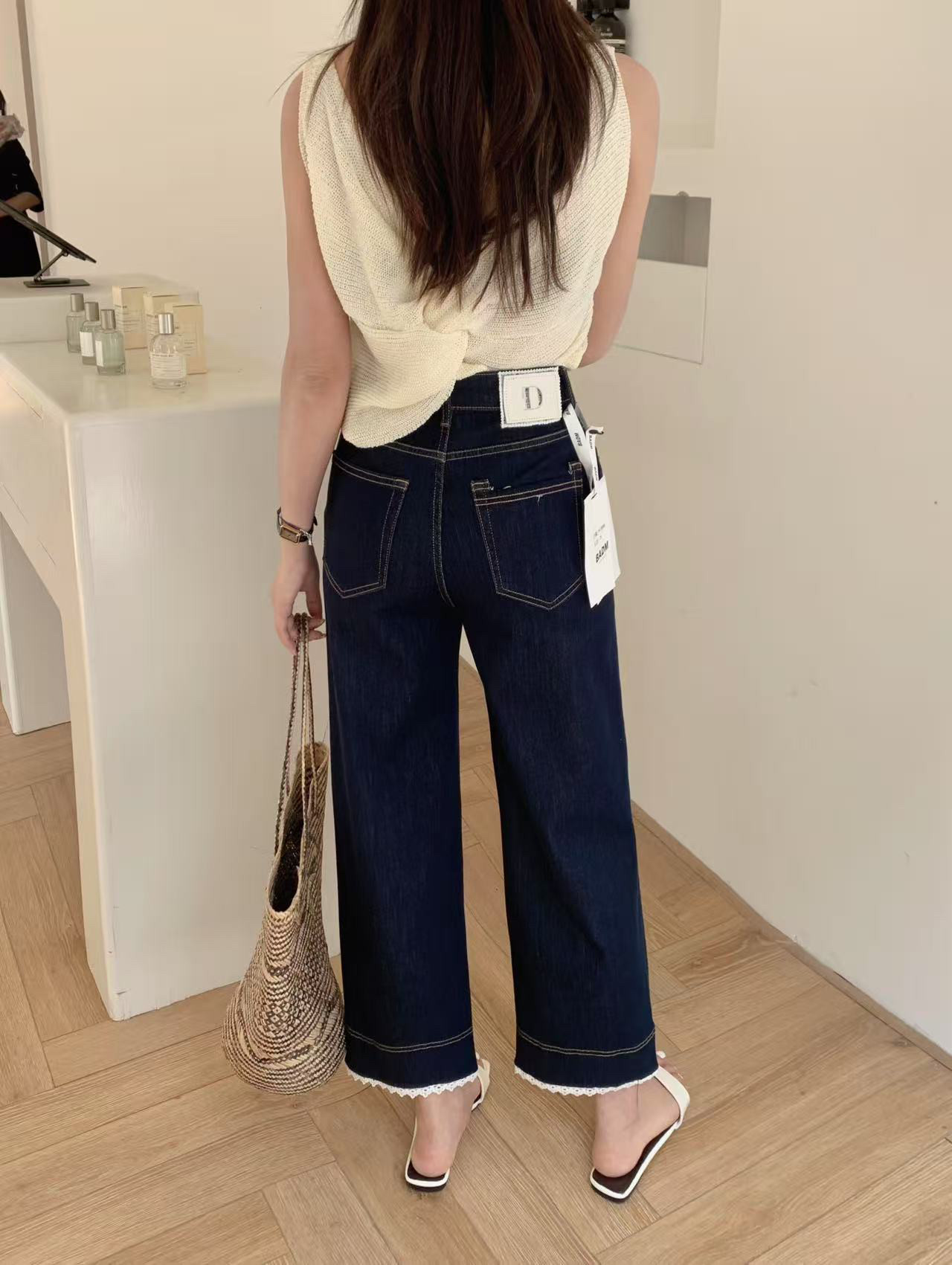 蕾丝花边直筒牛仔裤女夏复古深蓝牛仔裤高腰九分阔腿裤子小个子