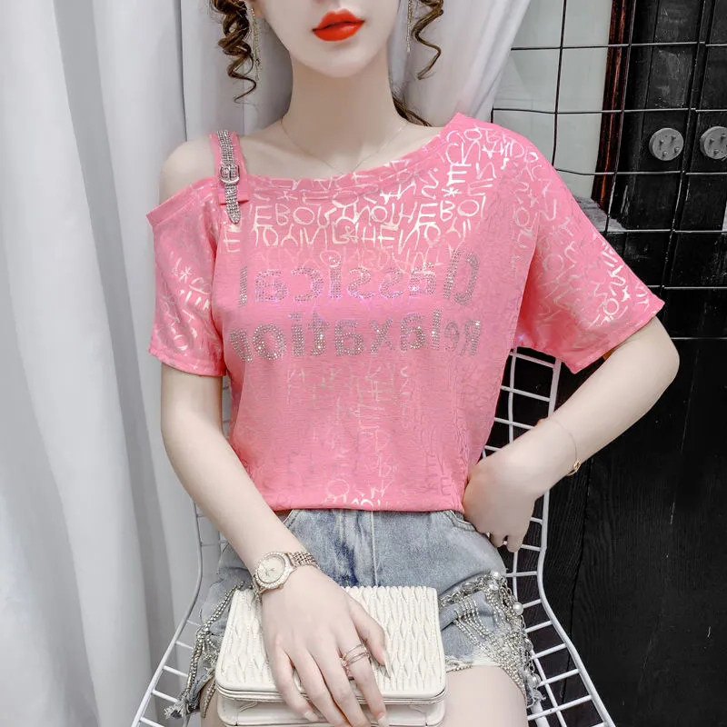 丽妤品牌折扣店女装特价斜肩烫钻设计感小众露肩短袖t恤上衣女夏,女装/女士精品,真丝上装,淘宝优惠券,粉丝福利购,淘宝优惠卷
