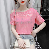斜肩烫钻设计感小众露肩短袖 丽妤品牌折扣店女装 特价 t恤上衣女夏