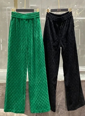 折扣清仓潮流绿色裤子定制提花格子阔腿裤条绒高腰垂感直筒长裤子