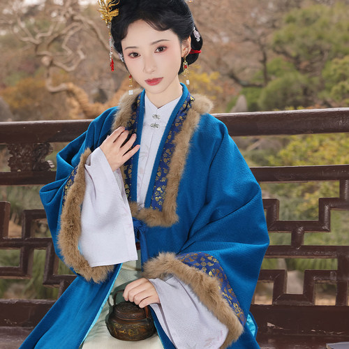 蓝宇灵丨簪花阁汉服定制丨雀蓝水波纹羊毛长披袄春秋款保暖日常
