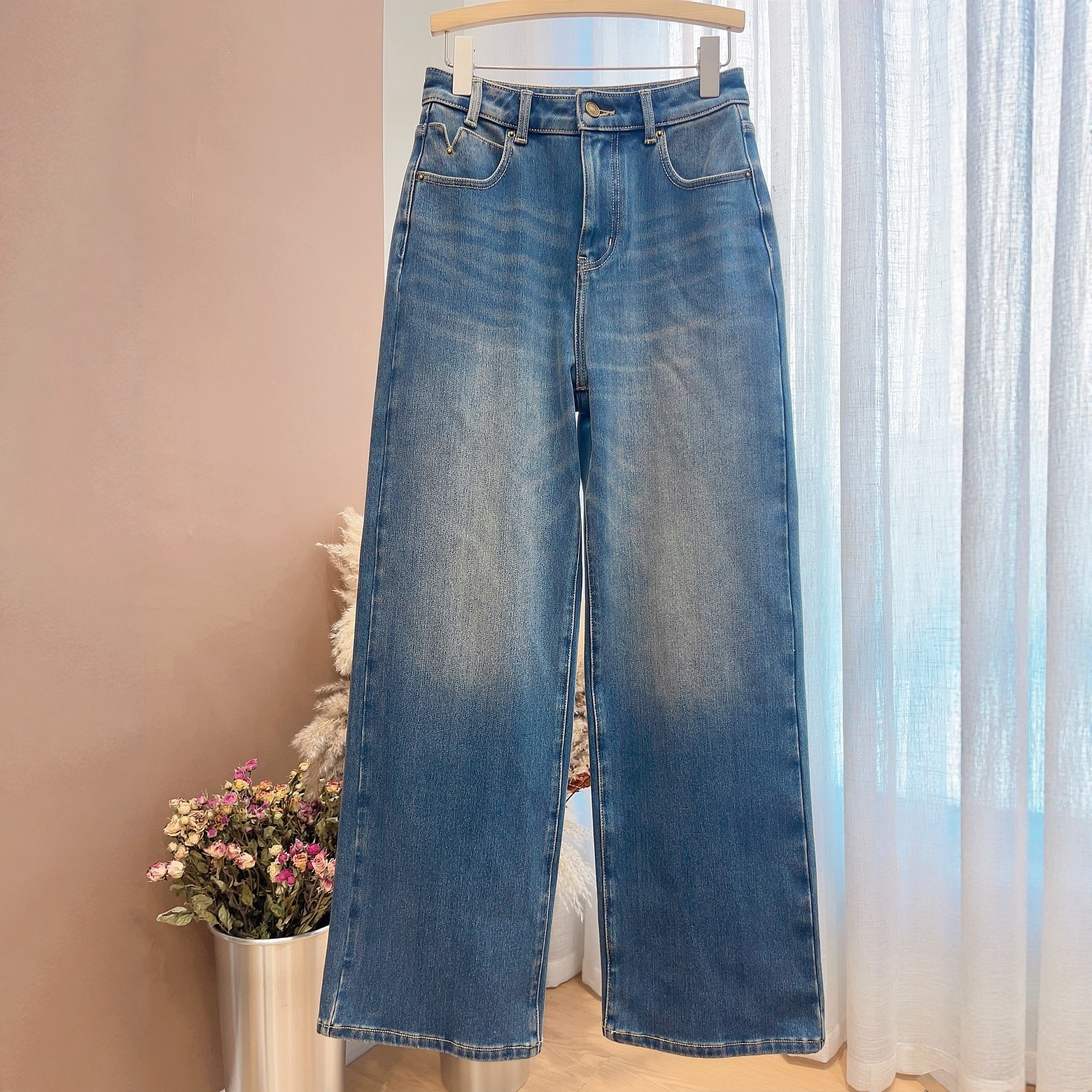 （加绒口碑款）2025冬季新款加绒高腰阔腿牛仔裤垂顺不臃肿不起皱