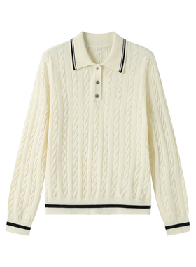 《伴侣》26春秋新款山羊绒绵羊毛混纺绞花毛衫POLO衫可机洗老钱风