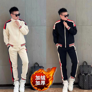 秋冬新款男士轻奢简约加绒加厚时尚休闲套装重磅编织带拼接两件套