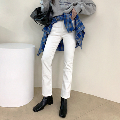 白色裤子女秋冬直筒牛仔裤九分加绒薄绒百搭纯棉弹力烟管裤小个子