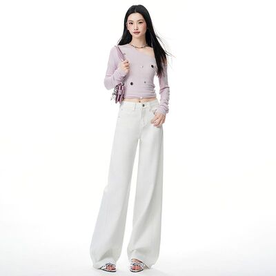 垂感宽松白色裤子女牛仔裤2026春季新款高腰百搭不贴腿阔腿拖地裤