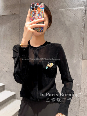 静静静奢！新款气质简约植绒上衣圆领长袖钉珠百搭衬衫衬衣