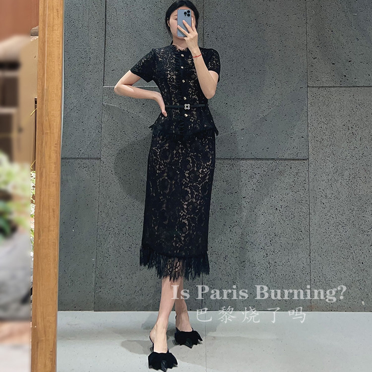 时尚气质百搭腰带修身显瘦短袖蕾丝上衣+半裙两件套装女