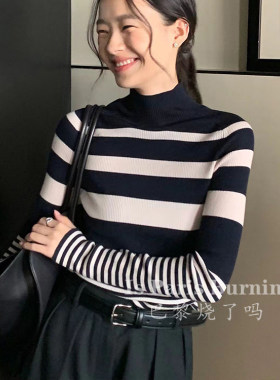 时髦百搭中高领条纹显瘦长袖打底衫羊毛针织衫女