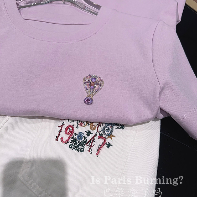 空中气球！气质钉珠紫色热气球百搭纯色上衣短袖T恤女