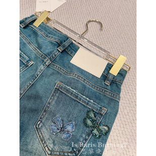女 钉珠蝴蝶小直筒蓝色牛仔裤 穿过我家牛仔裤 不会看上别家一眼