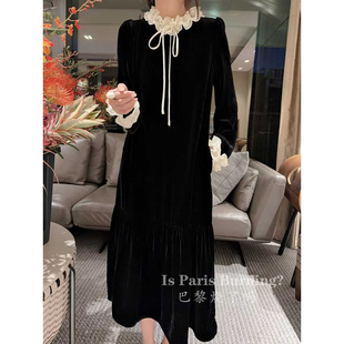 高奢真丝丝绒 连衣裙女 气质设计感丝绒拼接荷叶边显瘦长袖