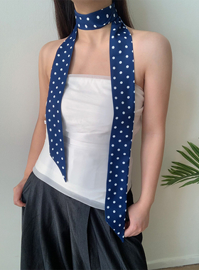 时髦大女主~蓝色波点丝巾细长条高级感搭配衬衫领带腰带女春夏季