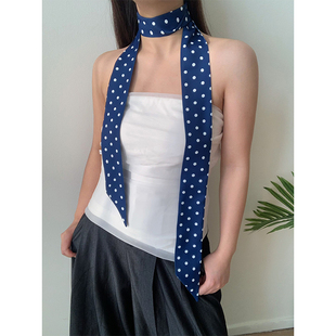 时髦大女主~蓝色波点丝巾细长条高级感搭配衬衫领带腰带女春夏季