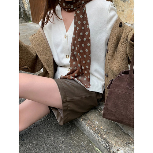 复古法式棕色波点丝巾女韩系高级