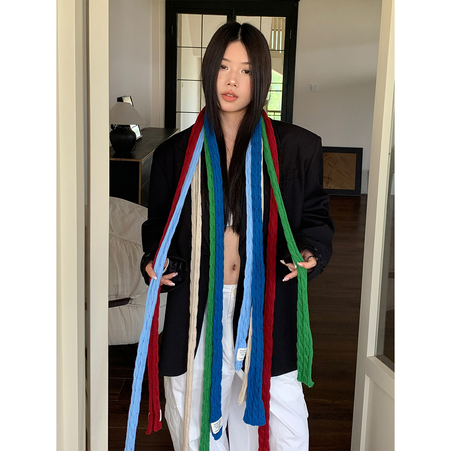 走秀款！麻花针织细长条小围巾装饰秋冬时髦辣妹飘带高级感围脖女