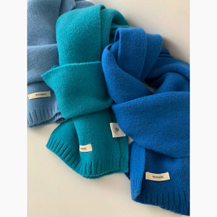纯羊毛蓝色围巾女高品质百搭温柔蓝色系护颈围脖潮 澳洲100%wool