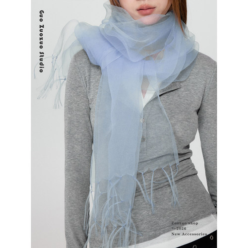 郭佐佐淡雅蓝仿真丝丝巾女高级