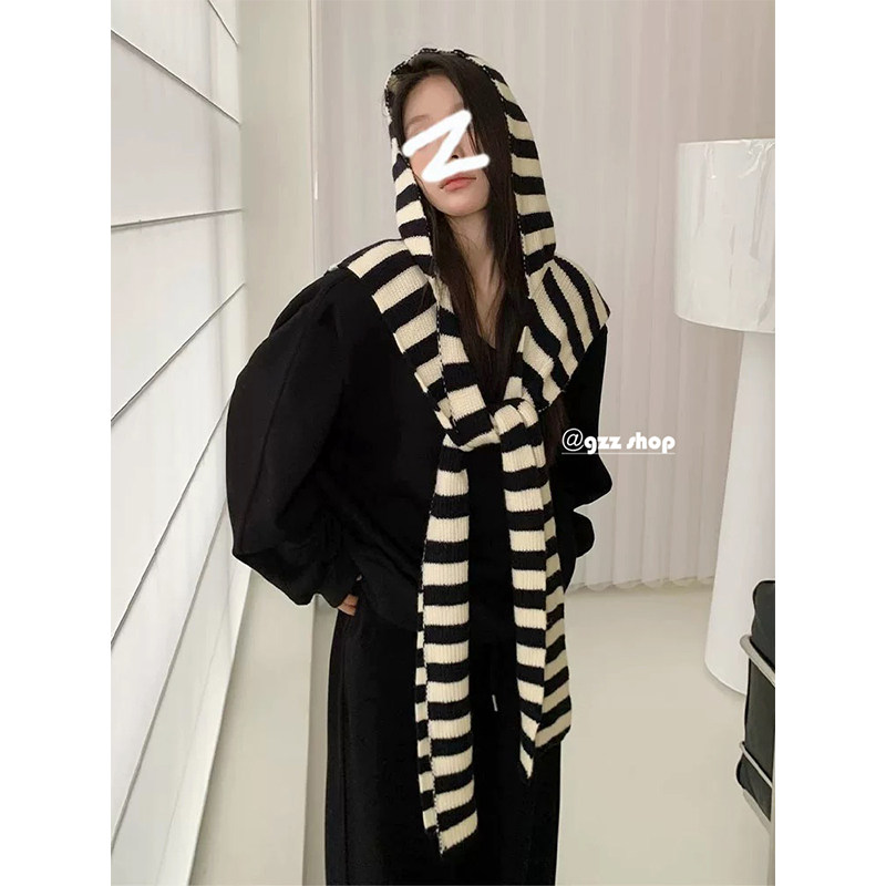 24ss！慵懒风毛线针织连帽披肩女