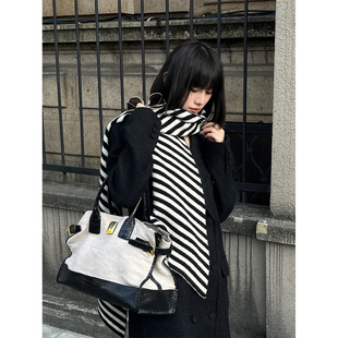 韩国款!ins黑白条纹围巾女2025新款时髦洋气围脖护颈保暖秋冬季