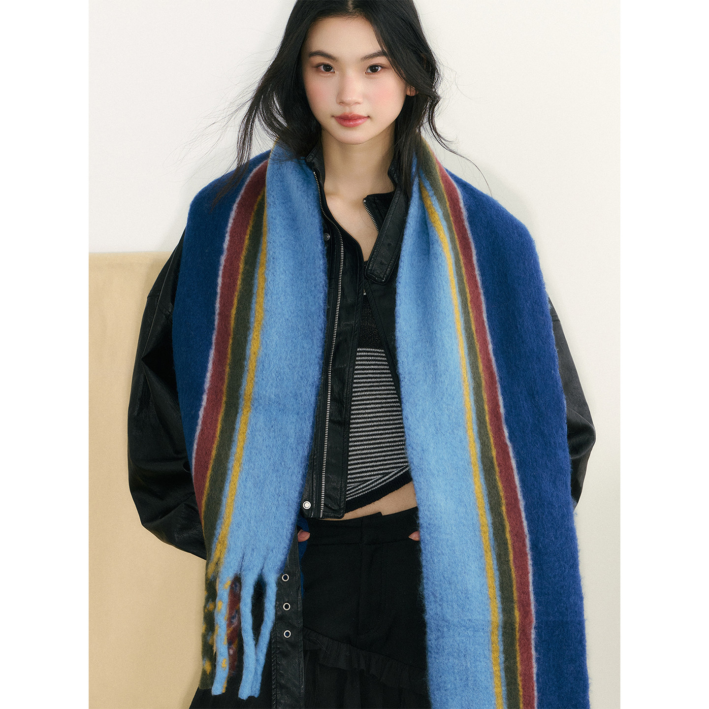 韩国ins 含羊毛高级冰川蓝色围巾男女冬2025新款拼色条纹围脖护颈